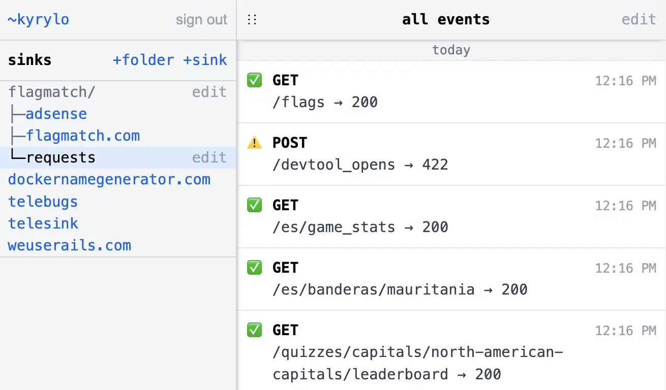 Telesink dashboard showing logged Ruby on Rails requests