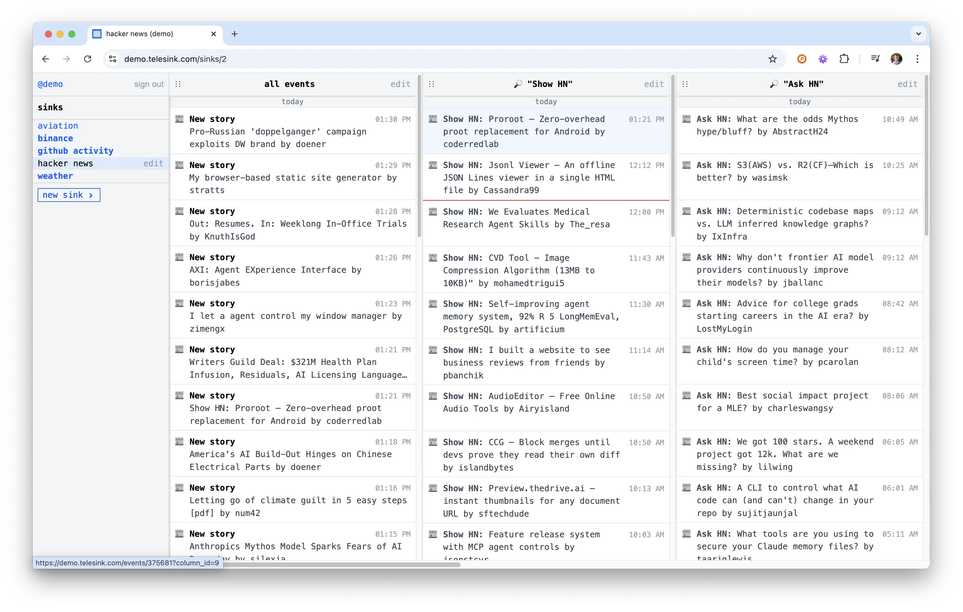 Telesink dashboard showing multiple live event columns